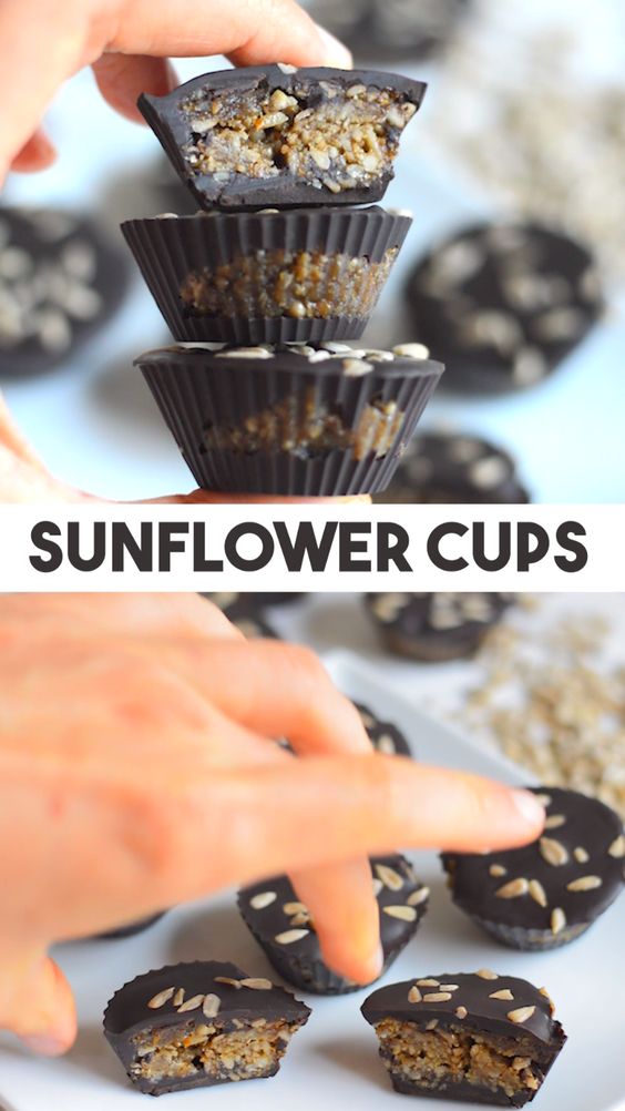 Sunflower Chocolate Caramel Cups - simple recipe for healthy dairy and nut free chocolate cups. Full of plant protein from sunflower seeds. Can be made raw vegan with a raw chocolate mixture. Use any chocolate that you like or other seeds / nut if you prefer #vegan #veganrecipe #recipe #healthy