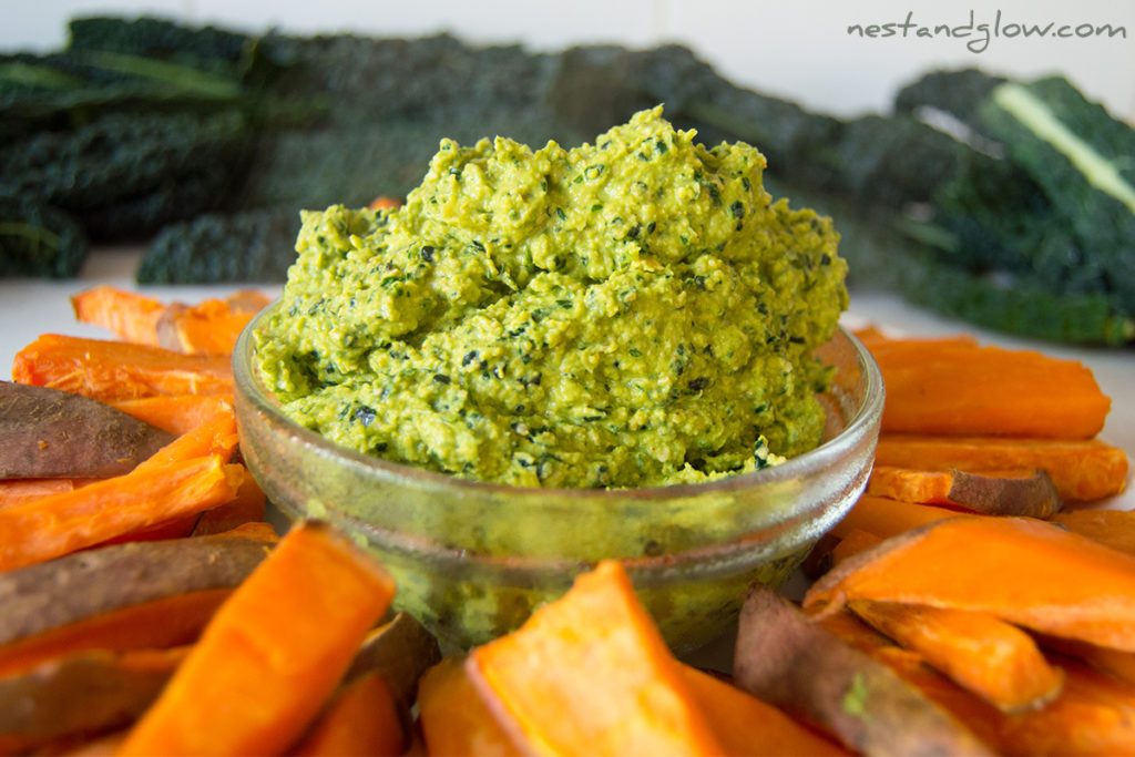 Kale Hummus and Sweet Potato Chips