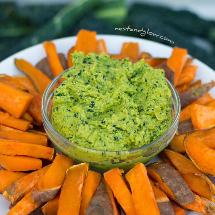 Kale Hummus with Sweet Potato Chips