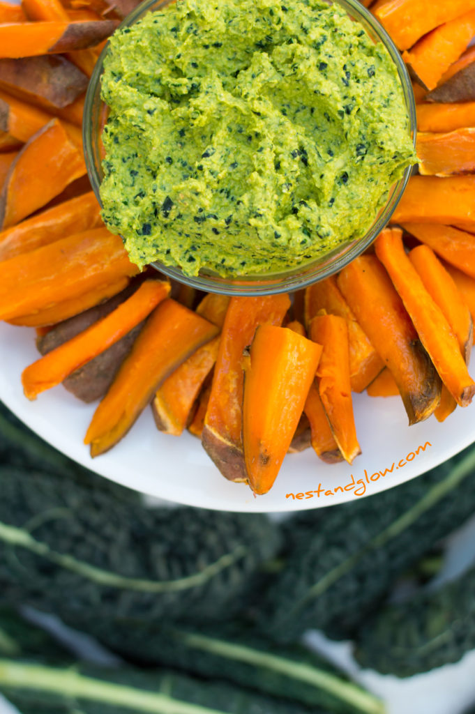 Kale Hummus and Sweet Potato Chips Close Up