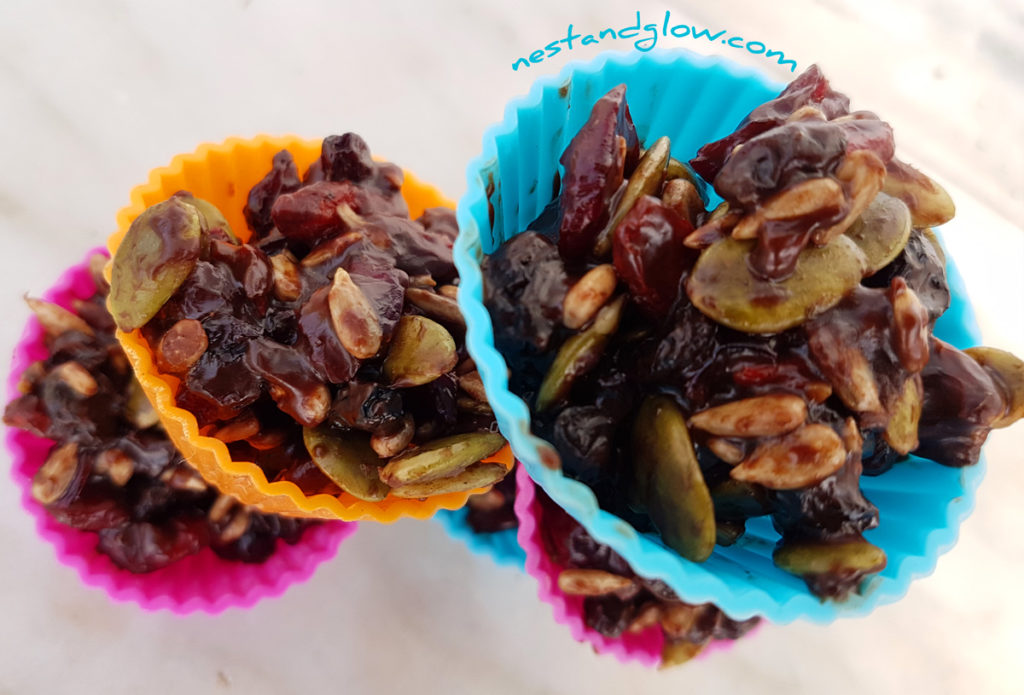 Stacked raw chocolate fruit and seed bites