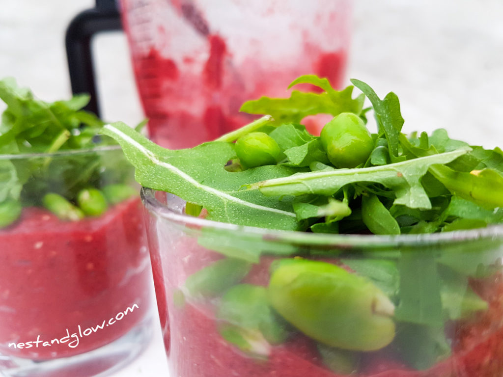 Close Beetroot and Bean Protein Pots with rocket and broad beans