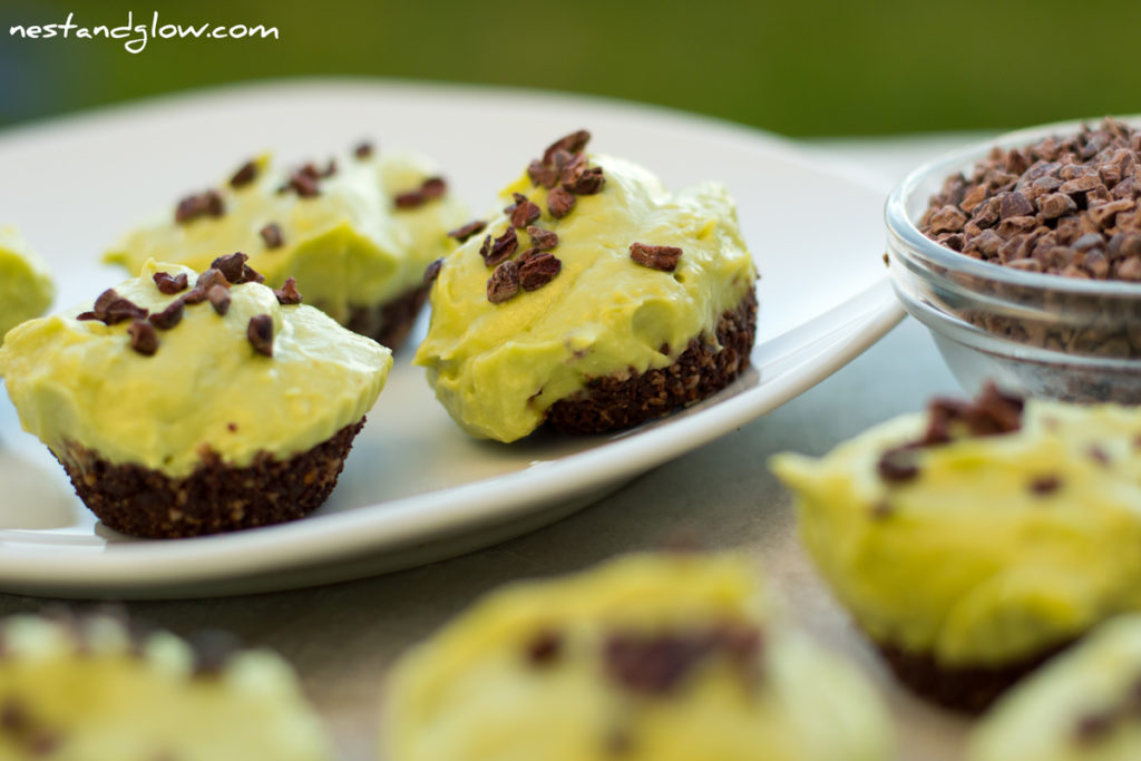 Chocolate Avocado Lime Cheesecake topped with cacao nibs
