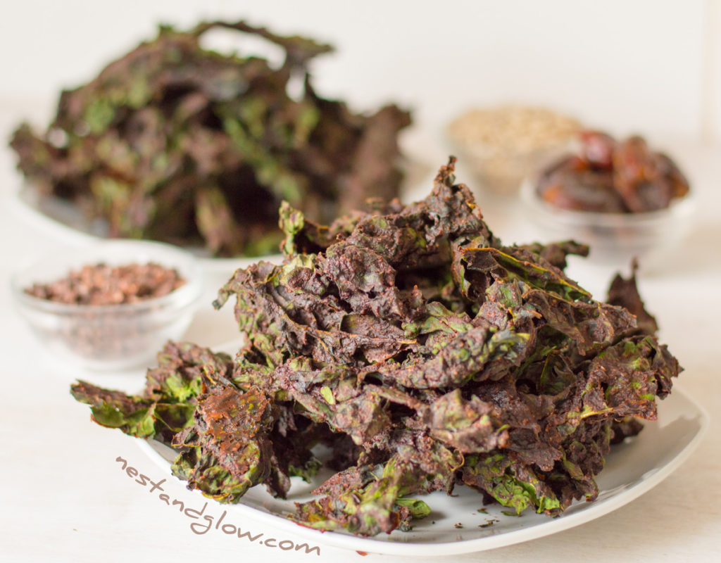plate of raw chocolate kale chips
