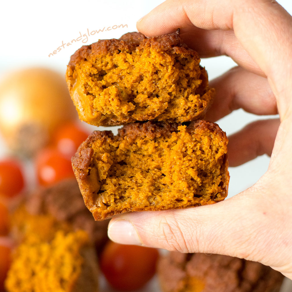 These quinoa savoury muffins have a great fluffy texture without any gluten or flour. Quinoa Sundried Tomato Muffins open showing a light crumb structure