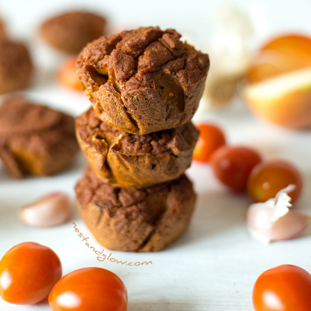 A Stack of Quinoa Sundried Tomato Muffins with garlic and onion. Savoury muffins made from sprouted quinoa and brown rice so are naturally gluten free