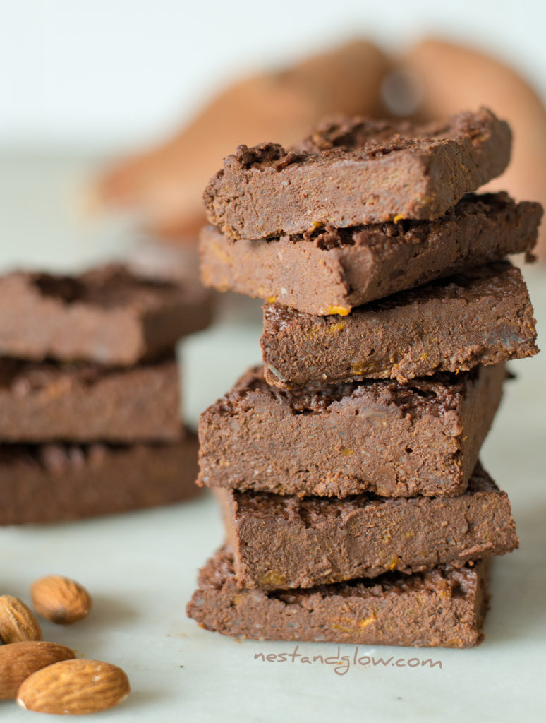 Fresh healthy chocolate brownies with sweet potato and almond
