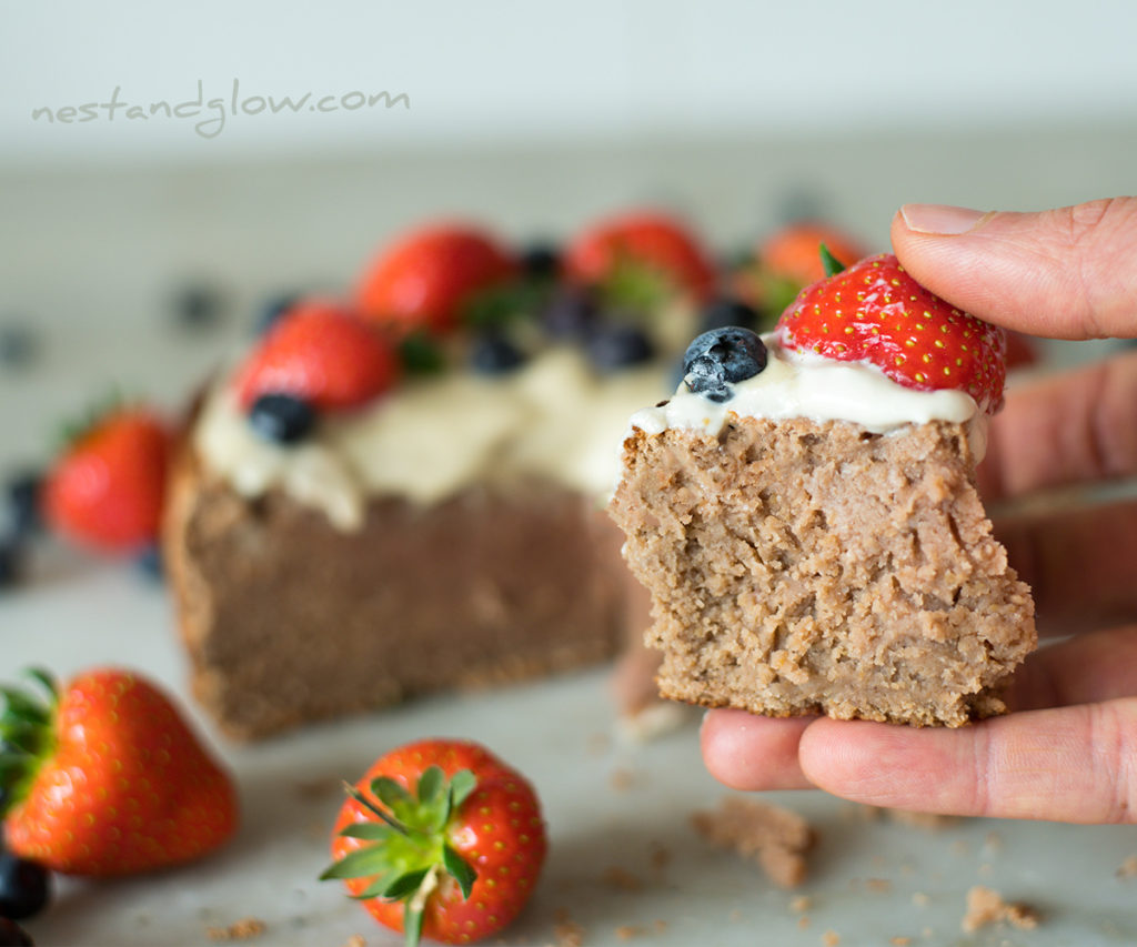 A slice of Chickpea Strawberry Cake that's made without egss, dairy, flour and gluten. This plant based cake is a healthy filling meal