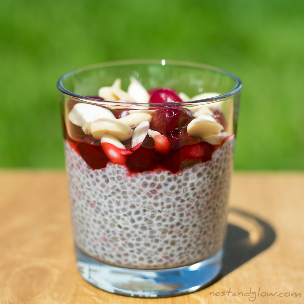 Cherry Bakewell almond chia pudding