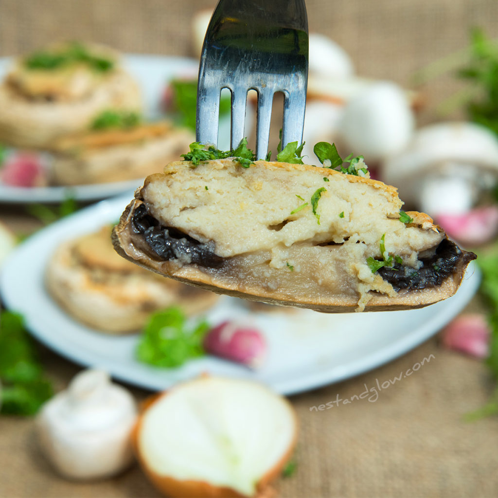 Quinoa Garlic Mushrooms half cut on fork