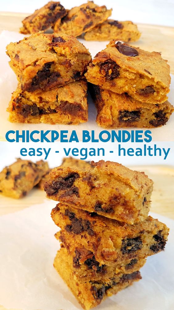 Chickpea and Almond Blondies - easy vegan recipe without peanut butter. They are gluten-free, vegan and high protein. Simple healthy recipe #vegan #protein #healthysnack #healthy #healthytreat