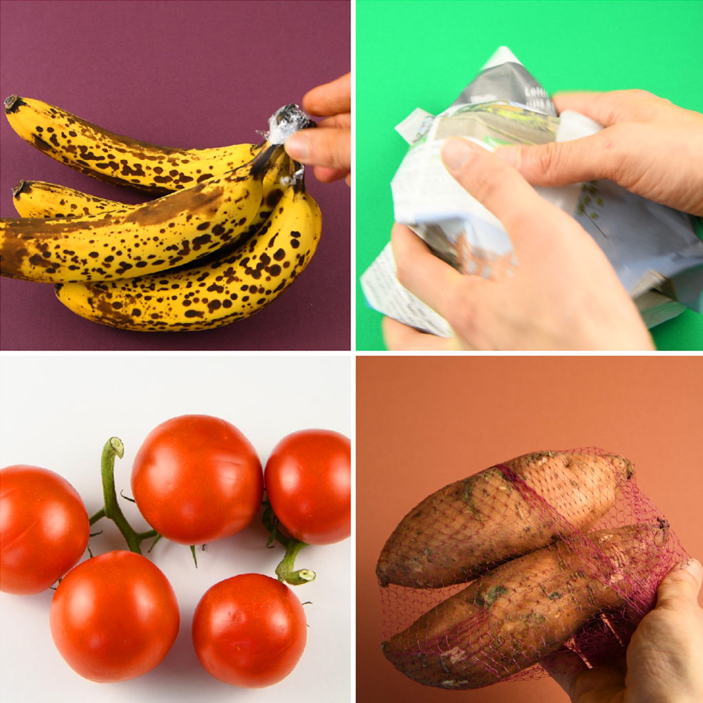 food storage tips for bananas, tomato, avocao and sweet potato