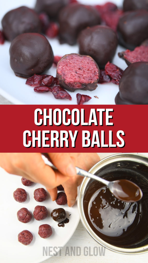3 Ingredient Chocolate Cherry Balls - healthy treat full of nutrition, heart healthy fats and protein. Free of dairy, refined sugar, wheat, gluten, grains, seeds making these bliss balls vegan, paleo and plant based #vegan #veganrecipe #plantbased #paleo #paleorecipe