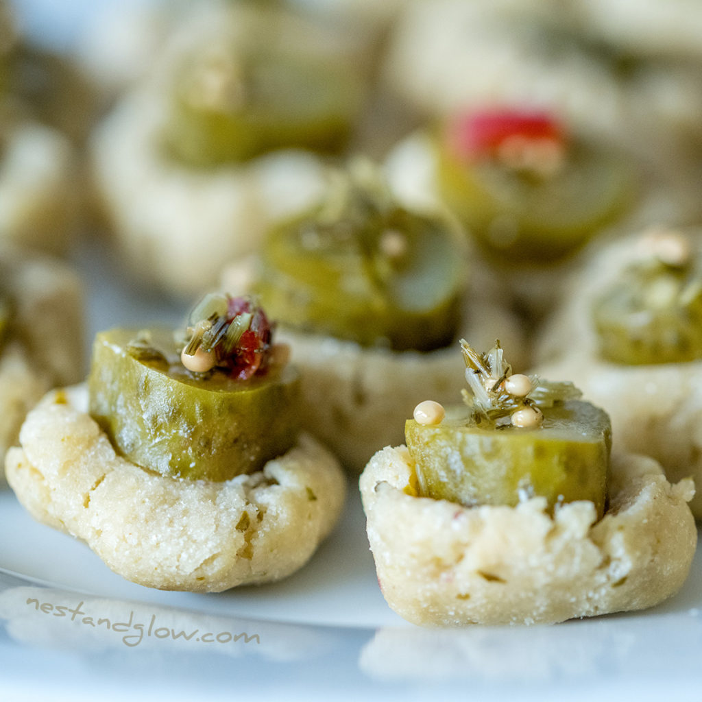 pickle cookies gluten free recipe topped with dill and mustard seeds