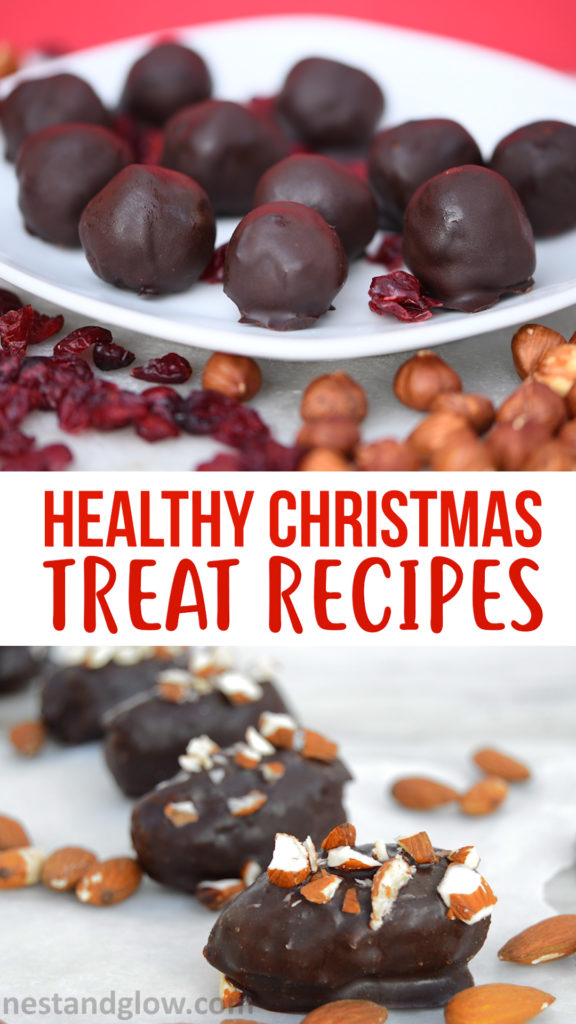 Easy healthy Christmas treat recipes that are all vegan and gluten-free. Contains recipes for cranberry chocolate balls, raw mince pies, raw chocolate almond dates and spiced oat cookies. #healthyrecipes #healthyfood #healthyeating #healthyliving #healthy