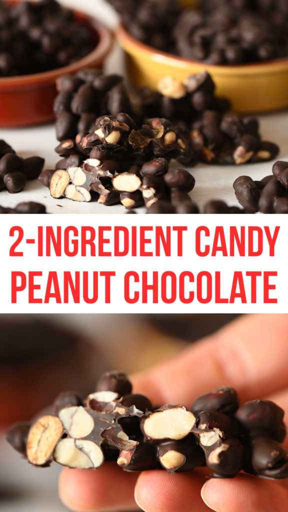 2 Ingredient Peanut Chocolate candy can be made in a few minutes. This easy candy recipe is really popular with everyone and full of protein. Can be made with any chocolate that you like but dark chocolate makes this naturally dairy free. No flour, no butter, no dairy, no eggs, no sugar, no wheat! #vegan #healthyrecipes #healthyfood #healthyeating #healthyliving