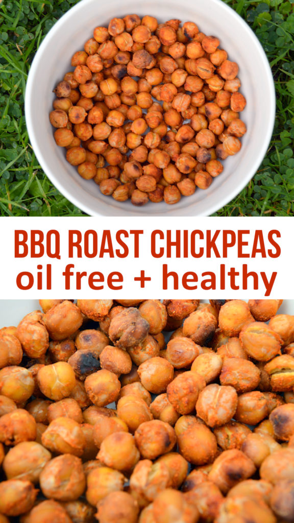 BBQ Roast Chickpeas are high in protein and fiber. Made without any oil and the perfect healthy alternative to crisps #vegan #plants #oilfree #healthyrecipe