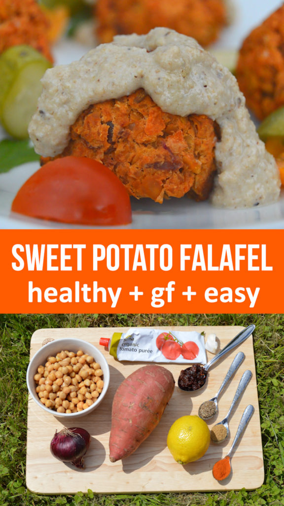 Sweet Potato Falafel healthy recipe made from just a few ingredients and baked without oil. No flour in this gluten free recipe. Easy to make lemon tahini dip to go with this plant protein tasty snack #healthy #plantbased #glutenfree #healthycooking #healthyrecipe