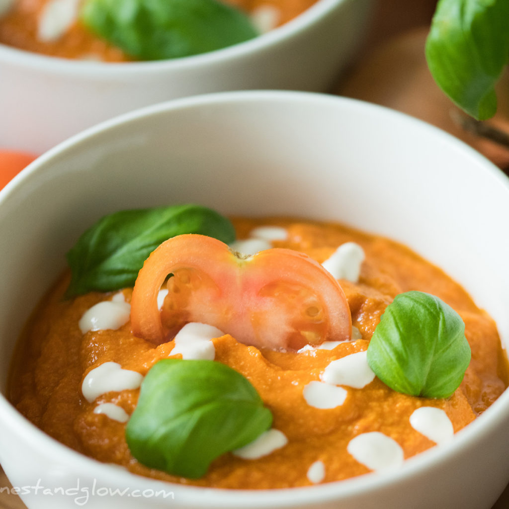 close-up vegan cream of tomato soup