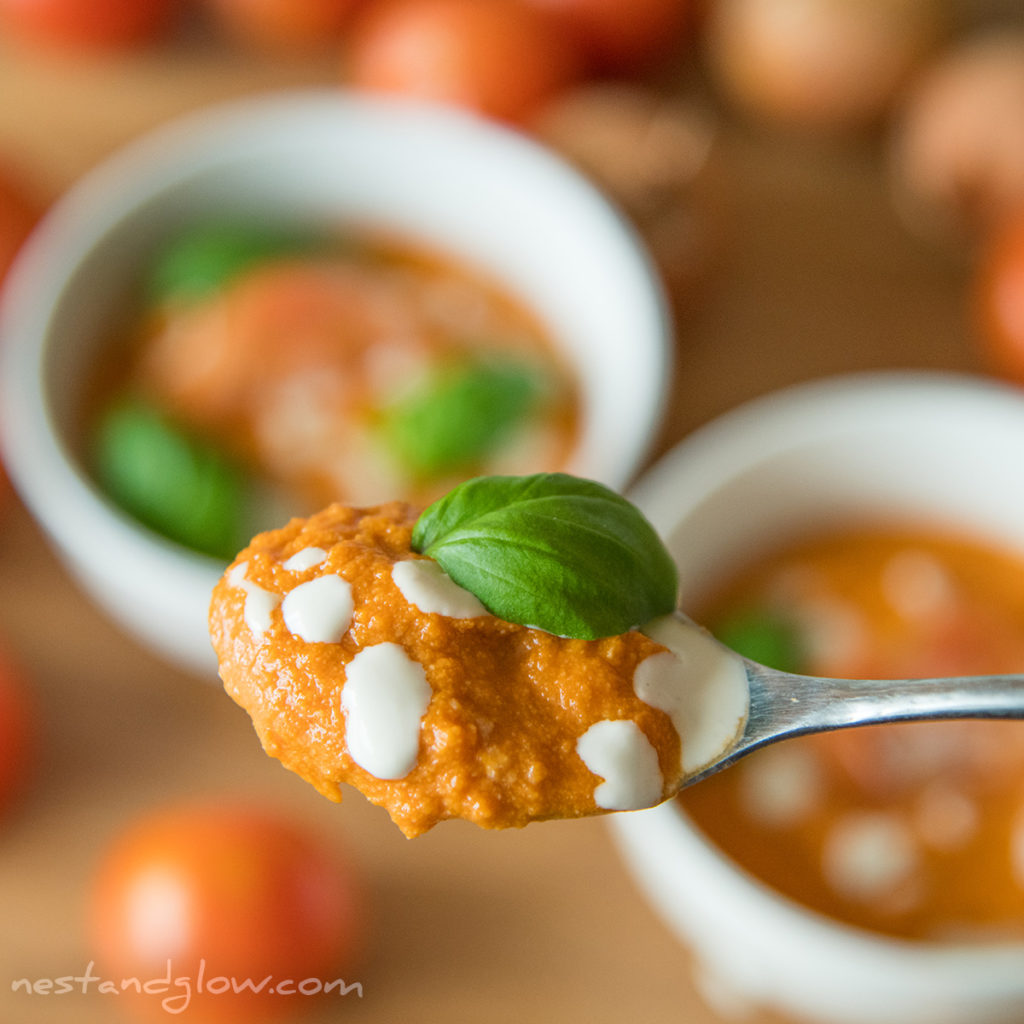 spoon of vegan cream of tomato soup