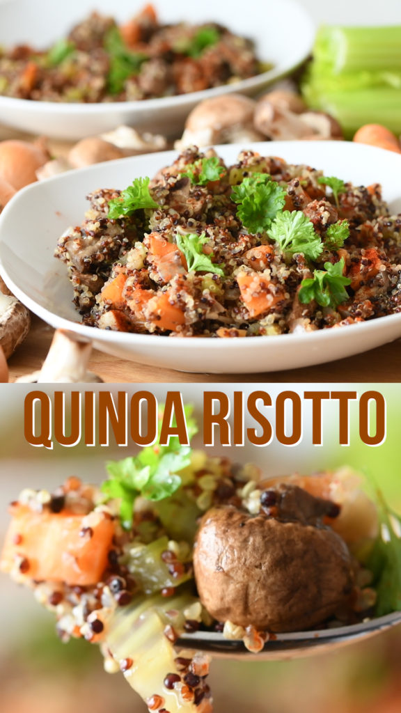 Easy to make healthy quinoa risotto that's free of oil, butter, dairy and grains. Suitable for vegan, paleo, and healthy diets. Contains 3 portions of your daily veg #veganrecipe #paleorecipe #healthyrecipe #quinoa #healthy 