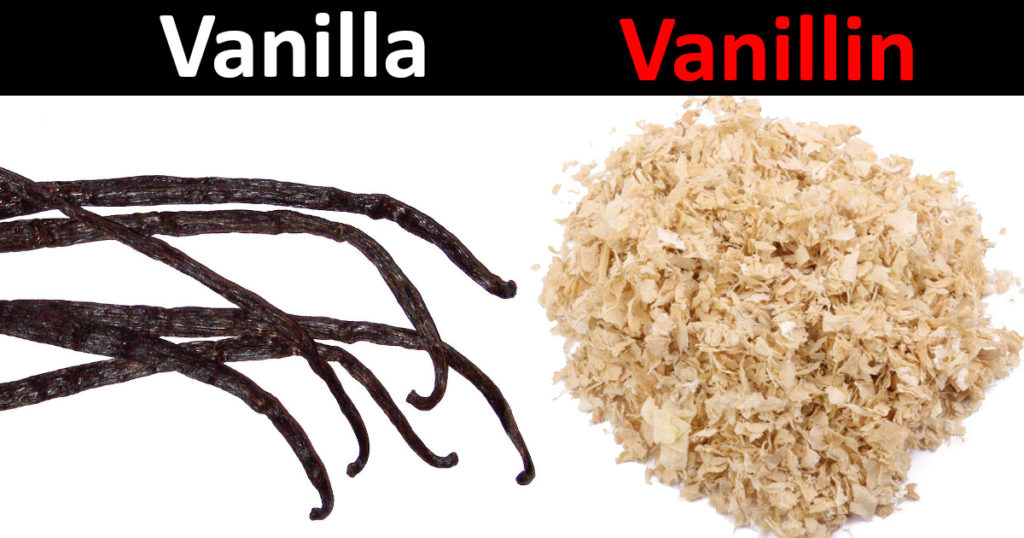 vanilla comes from an orchid and is expensive, natural vanilla is known as vanillin and comes from wood pulp