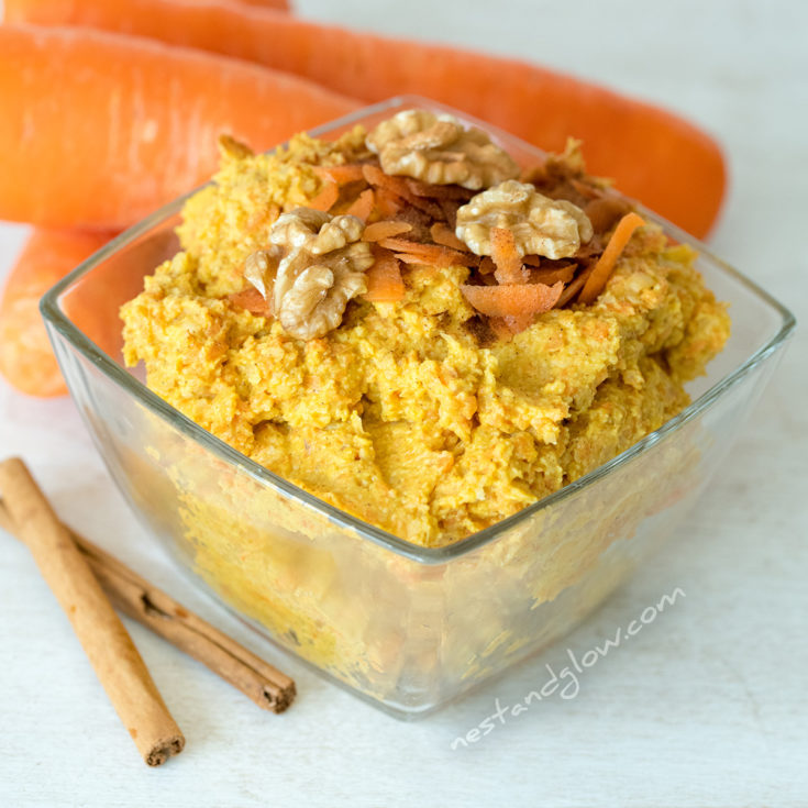 carrot cake hummus is made from wallnuts, fresh carrots, cinnamon, nutmeg, ginger and all spice. It's a bit like pumpkin spice dessert hummus