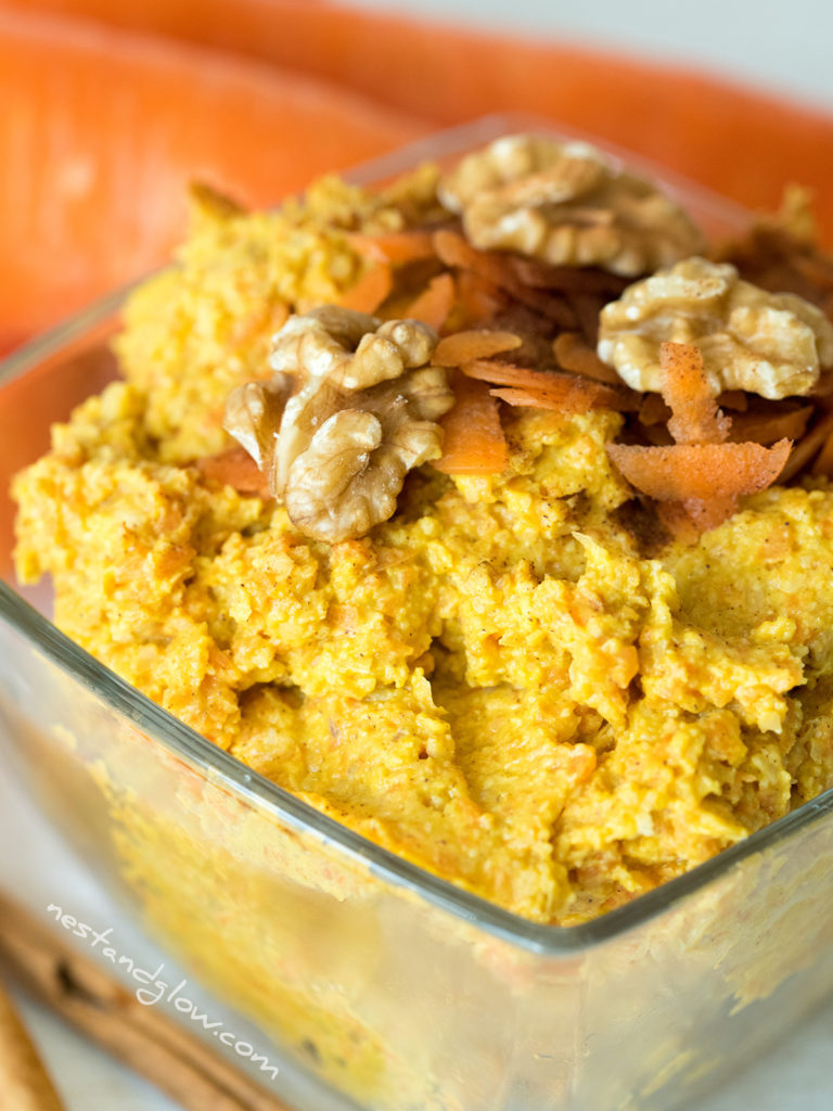 carrot cake sweet hummus topped with fresh carrot, nutmeg and walnuts