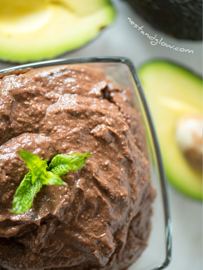 sweet hummus with chocolate avocado close-up has a creamy texture. Sweet hummus is a complet meal in one and perfect with any fruit such as bananas or berries.