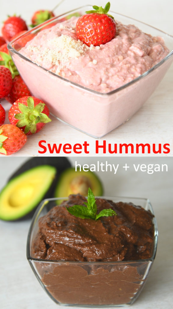 Sweet hummus recipes - chocolate avocado hummus, strawberry cheesecake hummus, carrot cake hummus and red velvet hummus. All of these dessert hummus recipes are vegan and healthy with no added sugar. High in plant protein, nutrition, fibre and goodness. #healthy #healthyrecipe #plantbased #healthyeating #hummus