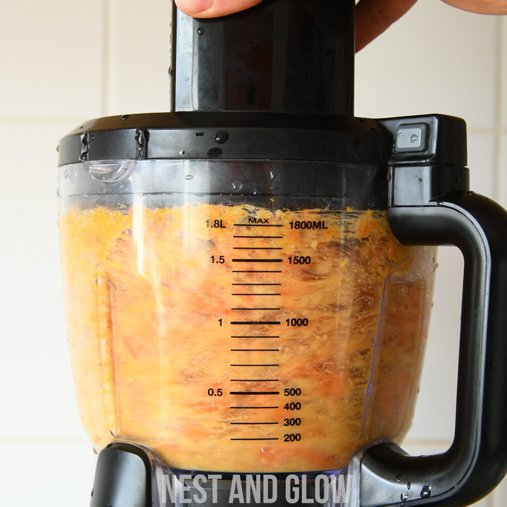 a food processor is best to make carrot cake hummus as it's a large amount per a recipe and is too dry for a liquid blender