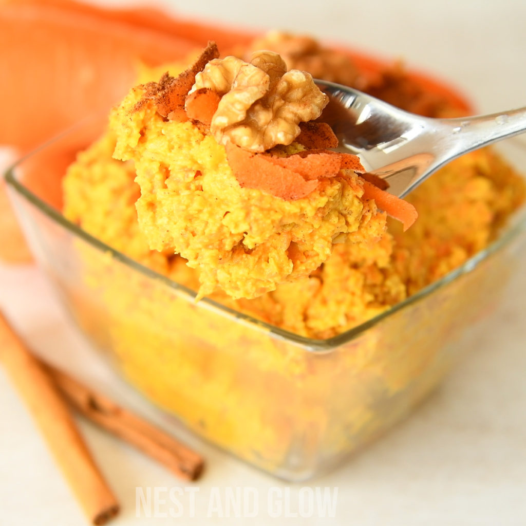 sweet carrot cake hummus on a spoon. You don't need anything to go with this dessert hummus as it's great eaten right of the spoon!