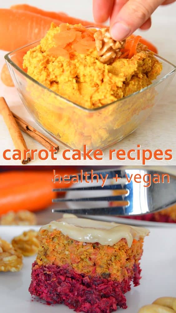 Easy carrot cake recipes from carrot cake balls to carrot cake chia pudding. All have the great taste of carrot cake, are vegan and are simple to make. #vegan #healthy