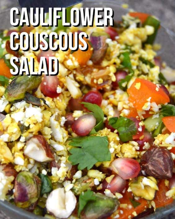 Cauliflower couscous salad with nuts, fruit and a dressing to make a compete meal #vegan #plantbased #rawvegan #salad #lowcarb #glutenfree