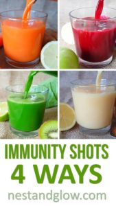 Make your own healthy immunity shots in minutes without a juicer. By just having the juice without the fiber it's absorbed quickly and if you're having a healthy diet it's easy to eat too much fiber. #juice #greenjuice #naturaljuice #juicecleanse