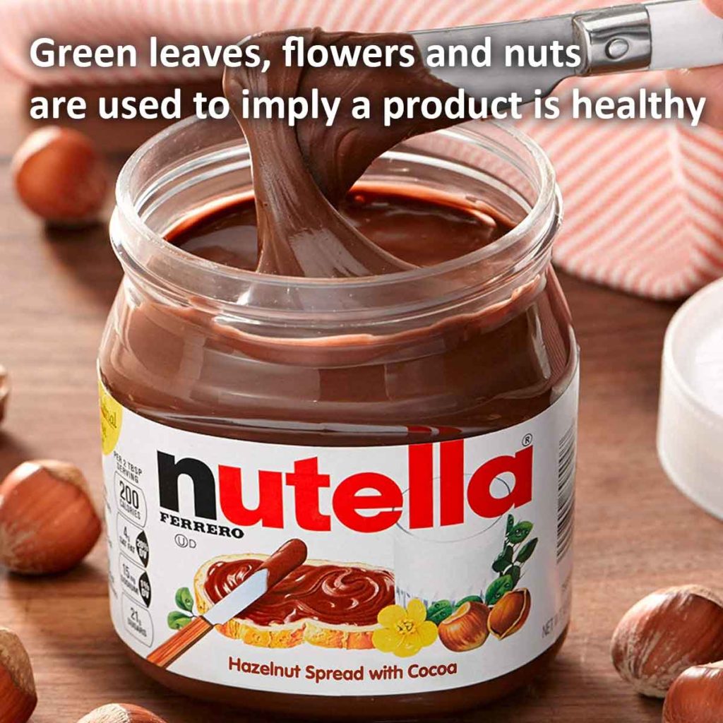 Green leaves, flowers and nuts are used to imply a product is healthy