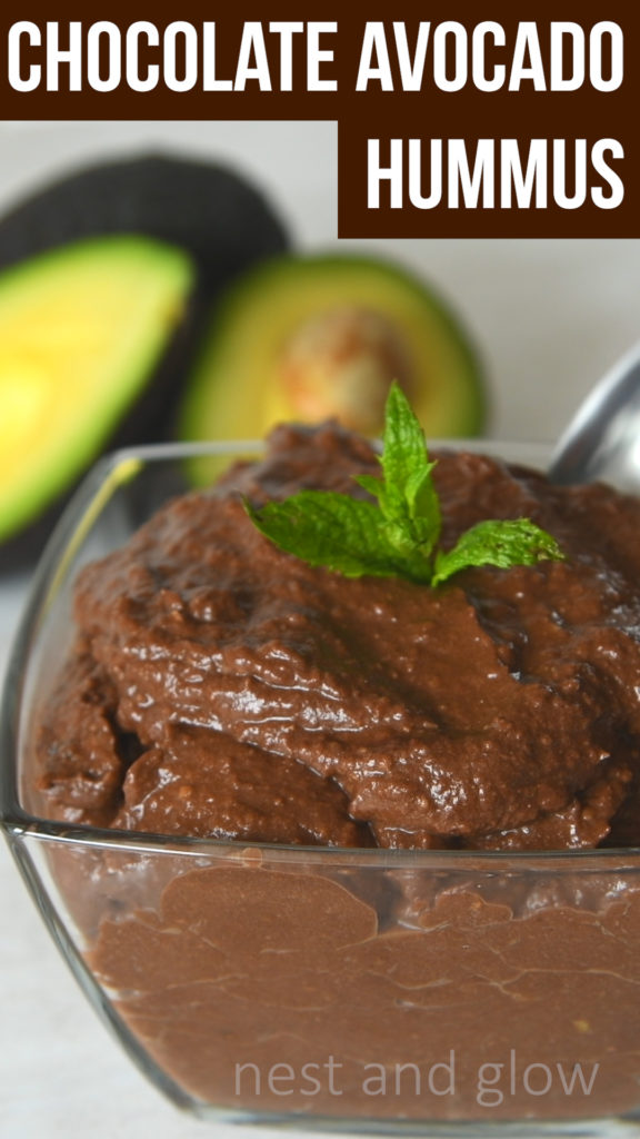 Chocolate avocado hummus is loaded with heart healthy fats and contains over two portions of fruit / veg. The perfect dessert to eat just with a spoon or on crackers. High in plant protein, nutrition, and fiber. #healthyrecipe #healthylifestyle #veganrecipe #protein #healthydessert