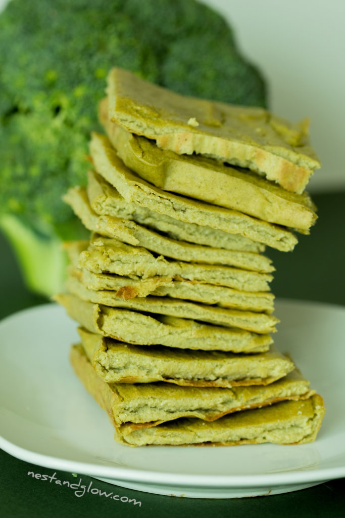 a stack of high fiber quinoa broccoli bread. this recipe is flour and wheat free