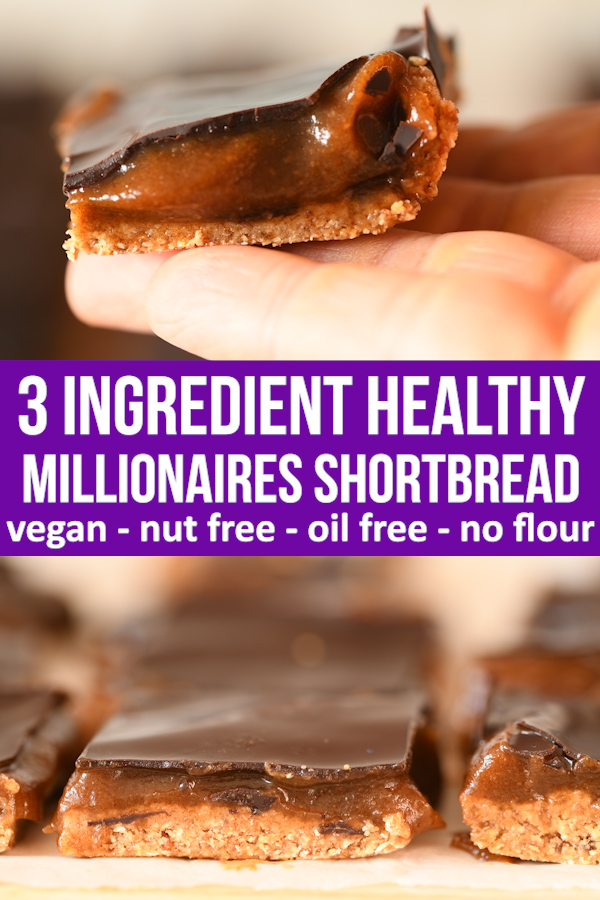 3 ingredient healthy caramel shortbread is made from just dates, oats and chocolate. Easy to make in 5 minutes #vegan #healthyrecipe #healthyeating #healthytread #dairyfree #nobake