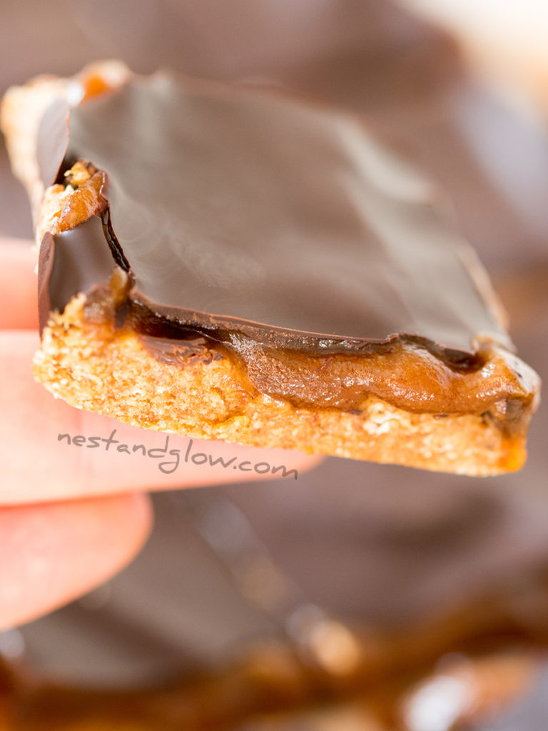 dark chocolate healthy caramel shortbread, made with a 90% cacao chocolate bar