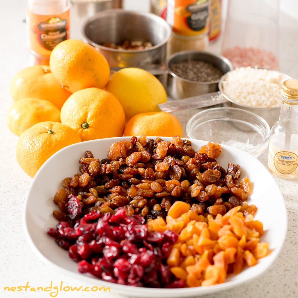 the ingredients to make a healthy fruit cake out of quinoa. this recipe is vegan, gluten free and full of goodness