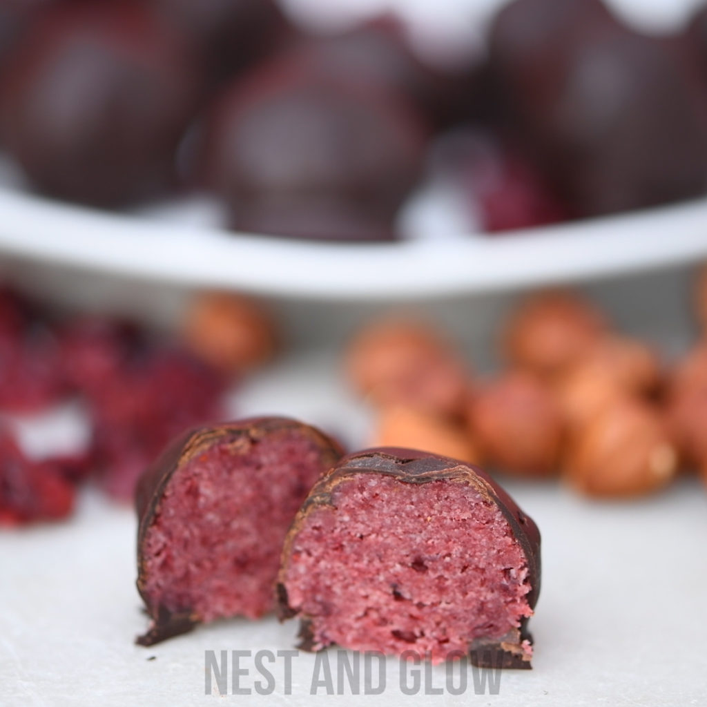 the inside of a cranberry chocolate ball