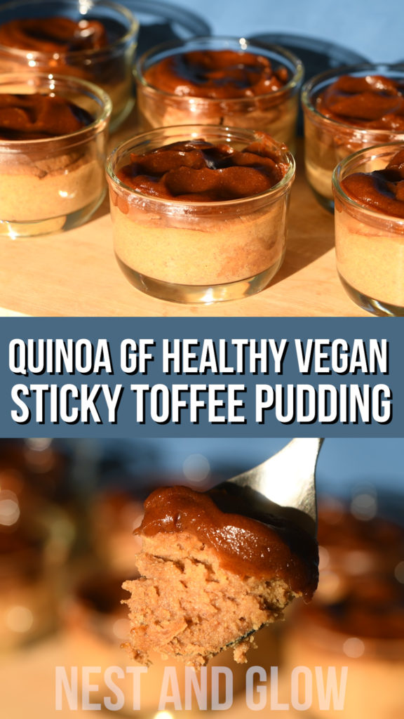 Gluten free sticky toffee pudding that's made with quinoa and chickpeas. This high protein vegan dessert is free of eggs, flour, refined sugar, butter, sugar and oil!
