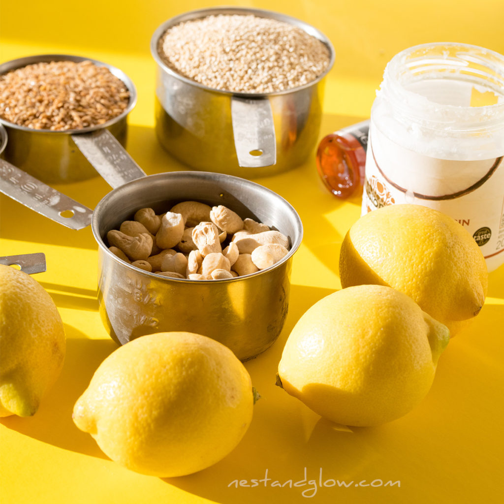 quinoa lemon drizzle cake ingredients are all made from wholefoods. including quinoa, flax seed, cashew nuts, 3 lemons, vanilla