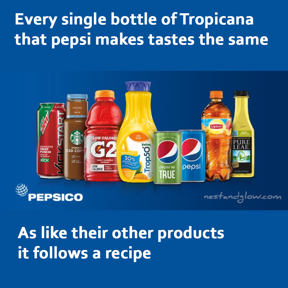 every bottle of tropicana made by pepsi tastes the same as it uses a recipe