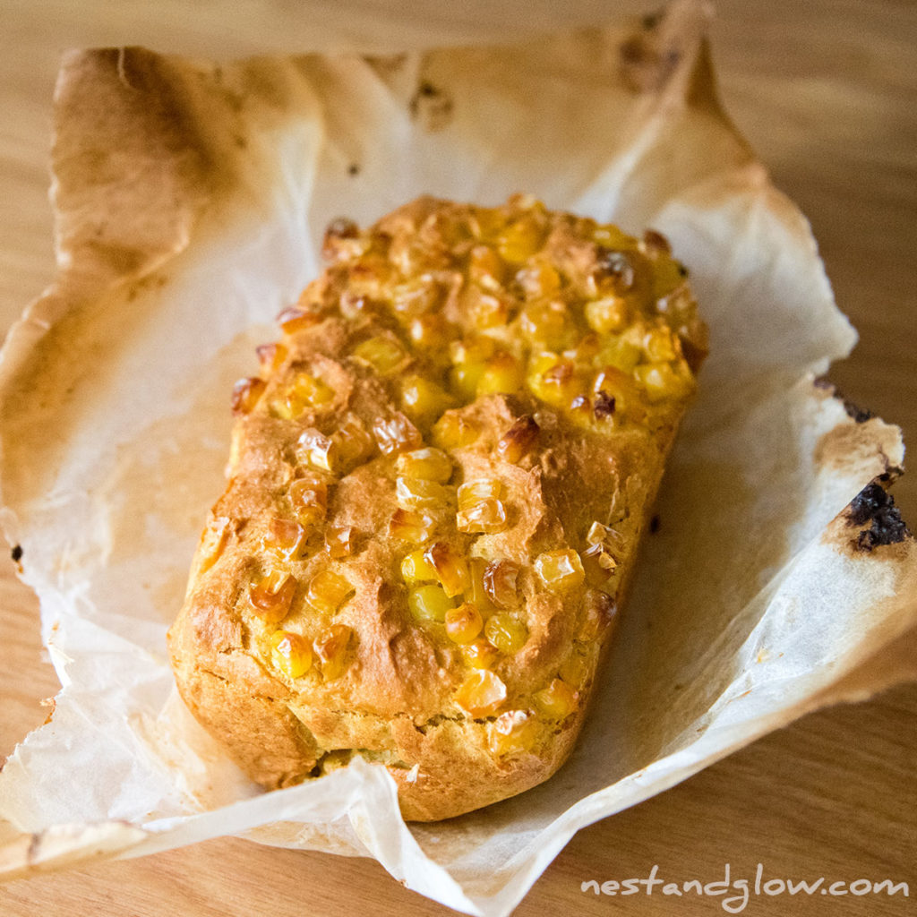 just three ingredients to make a healthy vegan cornbread thats topped with corn. Made with flax seeds so high in healthy omega fatty acids