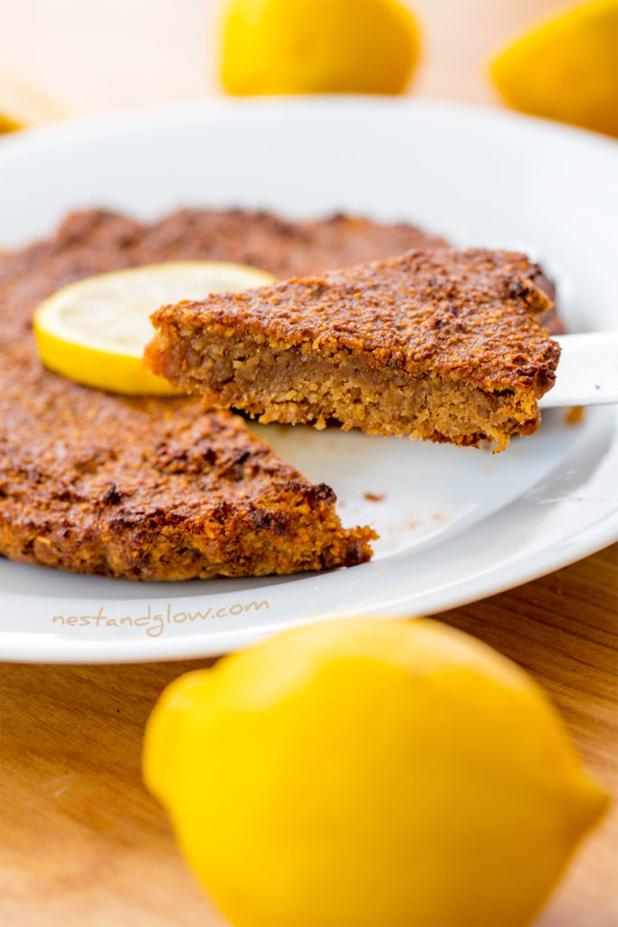 vegan lemon cake that's made without eggs as flax seeds are used as an egg substitution. flax seeds are high in heart healthy fats and omega 3 fatty acids.