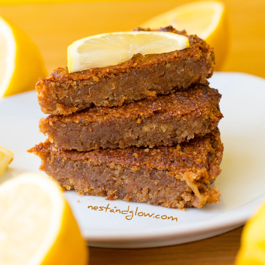 a stack of my lemon cake that's made without any dairy or oils. All the fats come from almonds and flaxseed.